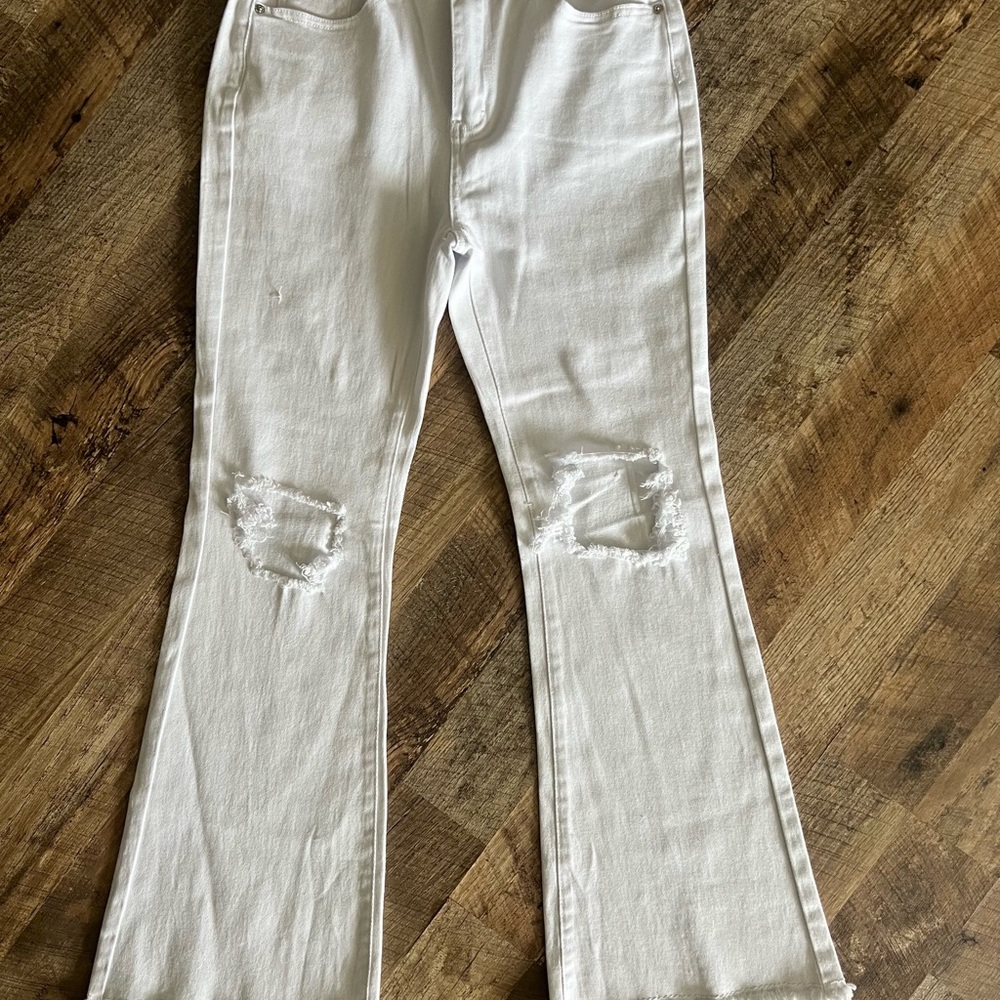 Women's White Distressed Flare Jeans